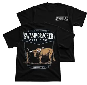 Swamp Cracker Longhorn Bull T-Shirt, Western Ranch Graphic Tee With Cattle Fence Back Print, Front Chest Swamp Cracker Logo Shirt, Southern Farm Workwear Outfit, Country Livestock Apparel Gift for Men and Women
