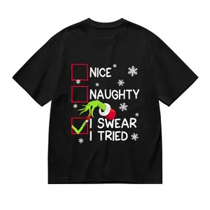 "Nice Naughty I Swear I Tried" Grinch Christmas T-Shirt, Funny Holiday Checklist Graphic Tee, Casual Cotton Top For Festive Fun