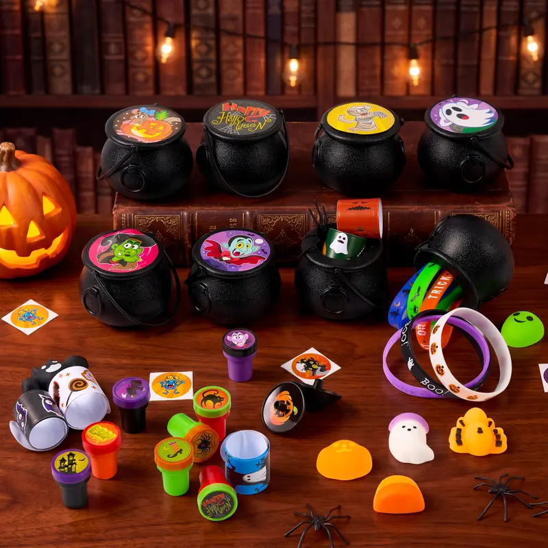 144 Pcs Halloween Toy Gifts for Kids, 24 Packs Prefilled Mini Pumpkin Buckets for Kids Halloween Party Favors Trick or Treat 144Pcs Witch's Jar (24 Packs)