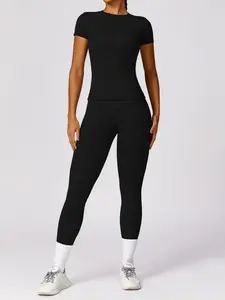 Ladies' Two-Piece Set Casual Workout Sportswear Fitted Crew-Neck T-Shirt + High-Waisted Butt-Lifting Trousers Leggings or Cycling Trousers Outdoor Street Running Slim-Fit Sportswear Sports Activewear Set