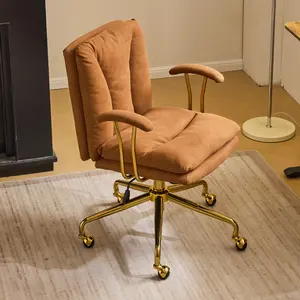 VINGLI Home Office Desk Chair Comfy with Wheels & Removable Armrests,Gold Base Vanity Chair with Back, Adjustable Rolling Swivel Computer Task Chair for Study,Makeup,Office,Bedroom,PU Leather,White