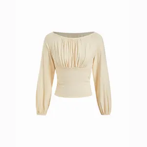 Cider Boat Neck Ruched Puff Long Sleeve Blouse