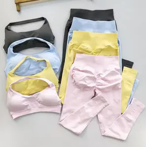 Sports Suit Women's Running 2PCS Set Seamless Yoga Thin Straps Beautiful Back Fitness Bras Gym High-waisted Peach Leggings Sets