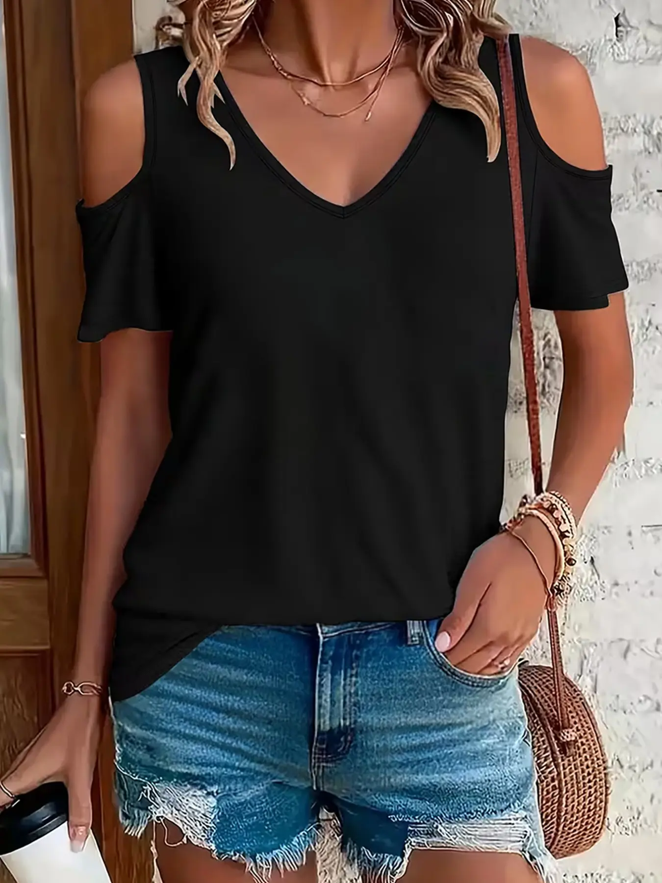 Y2K Fashion Chic V-Neck Off-Shoulder Short Sleeve Print Women's Athleisure Tee Top, Soft Polyester, Breathable, Slim Fit, All Seasons, Ideal for Sports, Shopping, Events