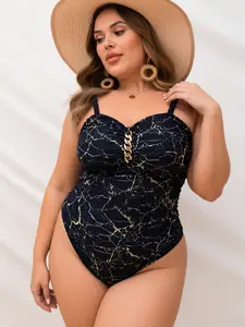 Women's Plus Size (1XL-4XL, 2XL Included) Polyester-Elastane Blend Marble Pattern Tummy Control 1-Piece Swimsuit, Ruched Front, Gold Chain Detail, True-to-Size Pool Party Sports Swimwear
