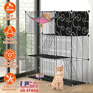 iMountek 3-Tier DIY Iron Wire Indoor Cat Playpen Cage with Hammock, Toy Ball, Climbing Ladder, Transparent Acrylic Design for 1-2 Cats, Small Rabbits Pen Play Puppy Clear