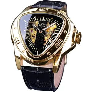 Winner Fashion Mechanical Wrist Watch Triangle Racing Dial,  Golden Skeleton Dial Automatic Movement Leather Design Mechanical Watch for Men