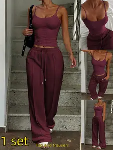 New Casual Vacation Strapless Vest Sport Long Pants Set Women Summer, Slim-Fitting Plain Pattern, Fashionable