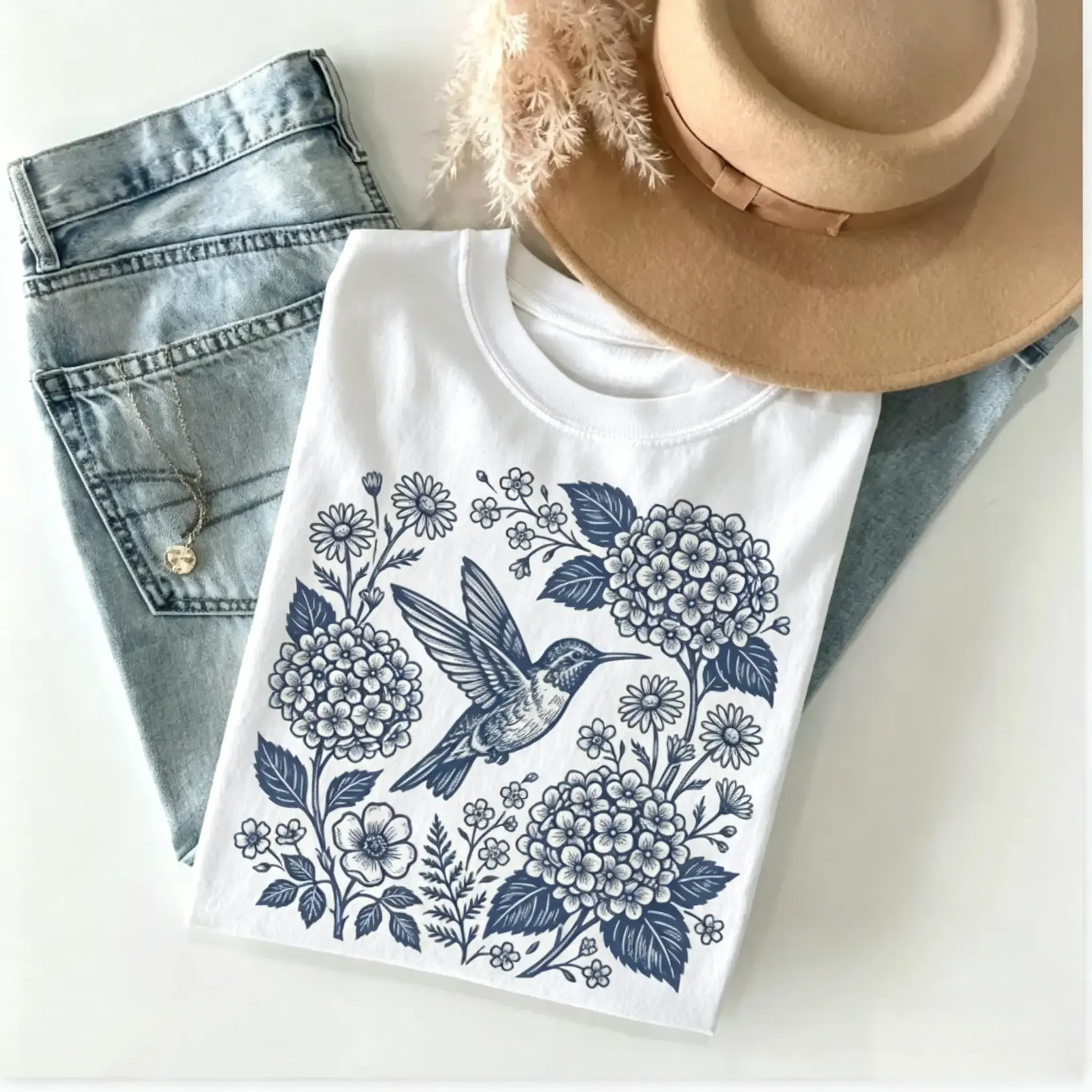 Hummingbird Floral T-Shirt, Vintage Botanical Wildflower Tshirt, Cottagecore Garden Tee, Nature Clothing, Gift For Women