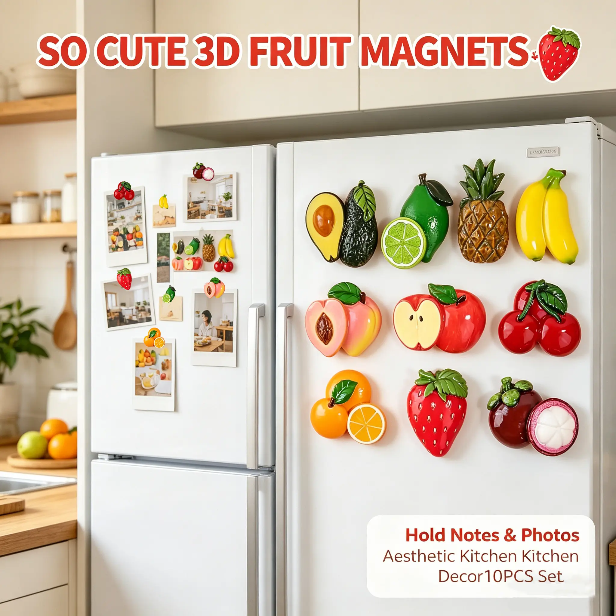 10PCS Sweet Kawaii 3D Fruit Magnetic Set - Premium Strong-Hold Fridge Magnets with Pineapple Stickers, Vibrant Colors, Realistic Details, Kitchen Decor Ideas, Back to School Locker Collectibles, Ideal Gift for Home Decor Enthusiasts