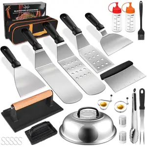Griddle Accessories Kit, 24Pcs Grilling Accessories Set for Blackstone and Camp Chef, Flat Top Griddle Accessories Set with Scraper, Enlarged Spatulas, Basting Cover for BBQ Stainless Steel
