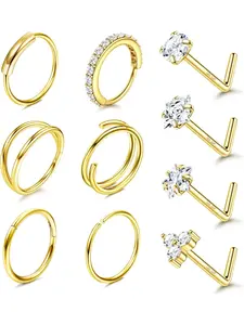 14k Filled Nose Ring Studs, 20g Hypoallergenic 316L Surgical Stainless Steel, L-Shaped Cz Nostril Piercing Jewelry, 10pcs