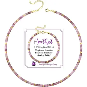 2Pcs Beaded Gemstone Crystal Necklace Bracelet for Women Colorful Boho Bead Choker Natural Stone Surfer Beach Necklaces Bracelets Set Rainbow Summer Handmade Jewelry