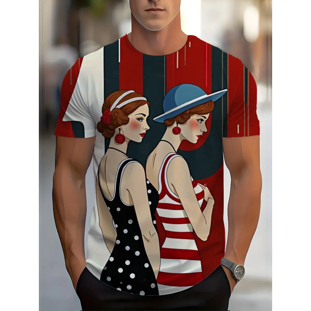 Men's Art Deco T-Shirt with a Vibrant Flapper Graphic, Casual Polyester Short Sleeve Top with Round Neck, Casual Chic, Shortsleeve, Colorful, Menswear, Stylish, Vibrant Print, Flapper Duo Art