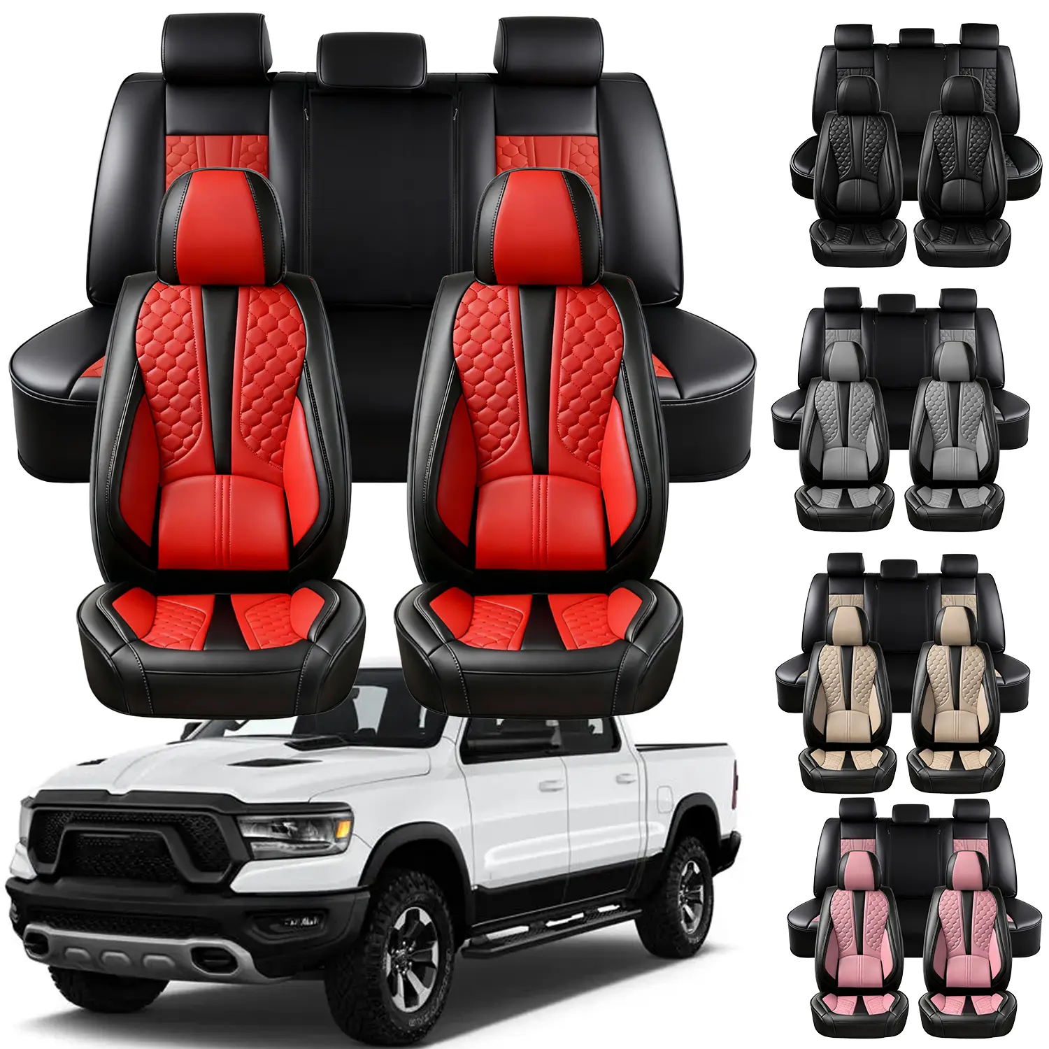 Premium Nappa Leather Seat Covers Full Set, Pickup Waterproof Seat Cover Compatible with 2002-2026 Dodge RAM 1500 2500 3500 Crew Quad Cab with Curved Bench
