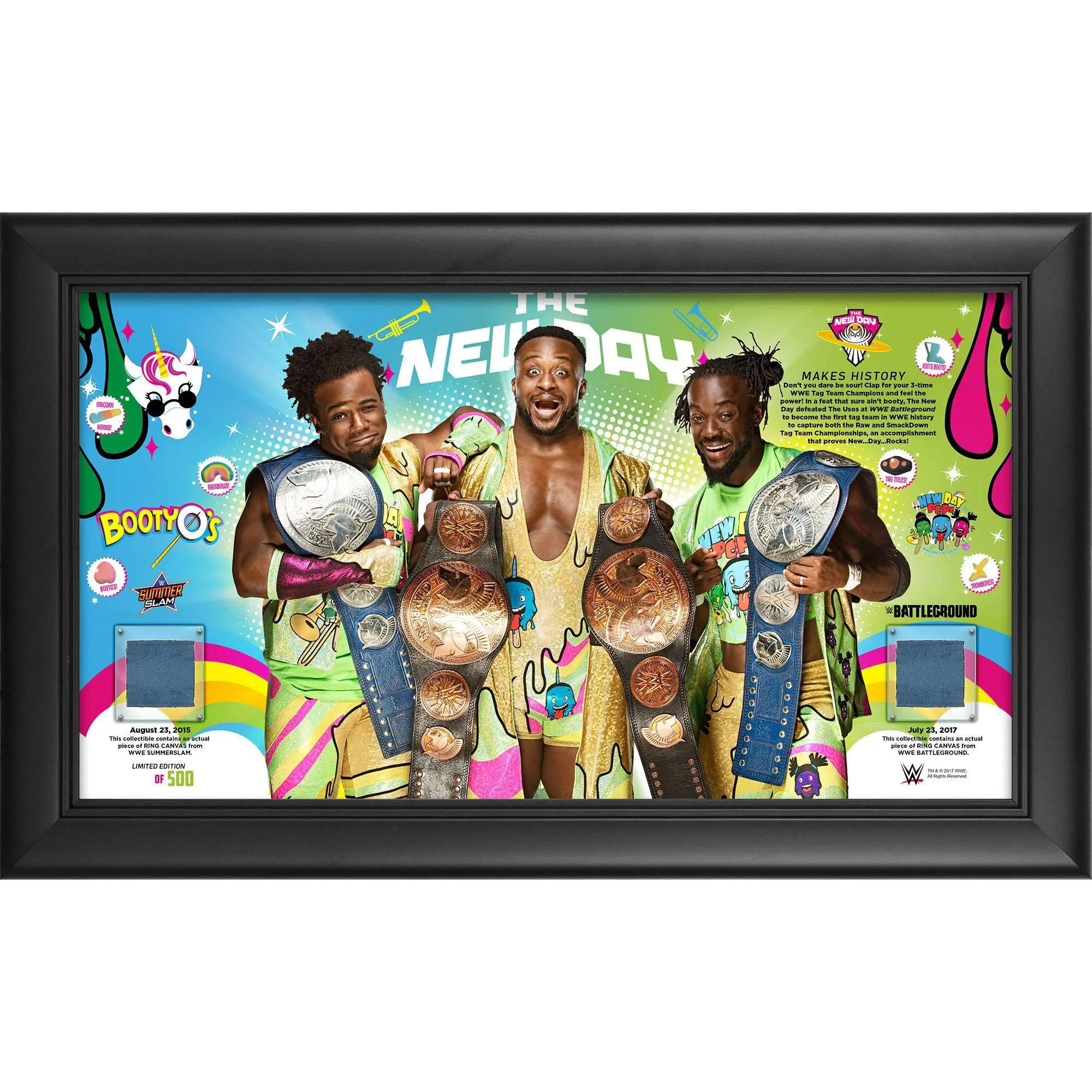 The New Day World Wrestling Entertainment Framed 10" x 18" Tag Team Champions Collage with Two Pieces of Match-Used Canvas - Limited Edition of 500 - Fanatics Authentic Certified