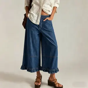 Woman's Soft Denim Wide Leg Pants Elastic Waist Ruffle Hem Pocket Vintage Casual Comfortable Breathable Blue White Jean For Summer Spring Fall Daily Outdoor