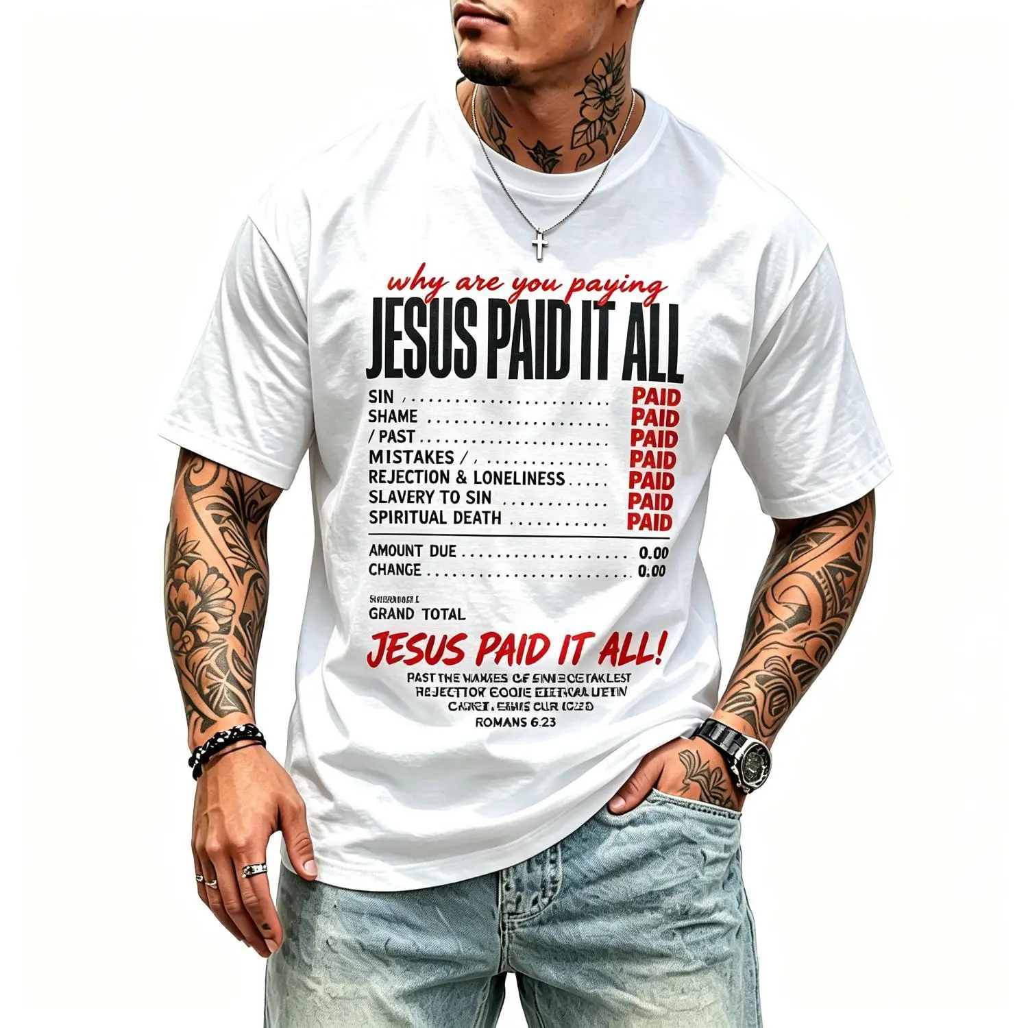 Funny Christian Receipt Jesus Paid It All Romans 6:23 Faith T-Shirt
