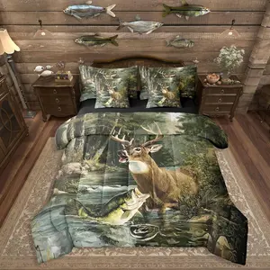 Deer Fish Comforter Set with Sheets (7 Pieces,) - Army Green American Flag Bedding Set for Kids Boys Teens Men Hunting Fishing Bed in A Bag Big Pike Fish Bedding Collections