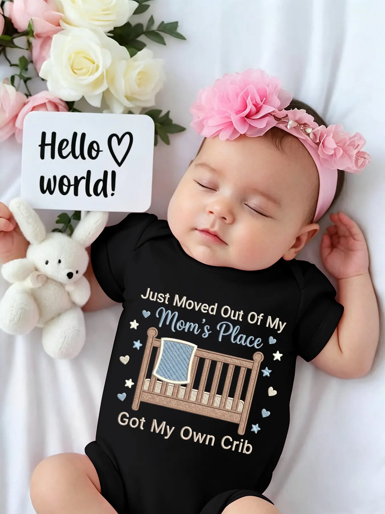 Newborn Infant Bodysuit with Funny 'Got My Own Crib' Graphic, Unisex Short Sleeve Soft Cotton Layette, Hospital Coming Home Outfit & Baby Shower Gift, Newborn Onesies, Crew Neck Bodysuits, Letter Print Bodysuit