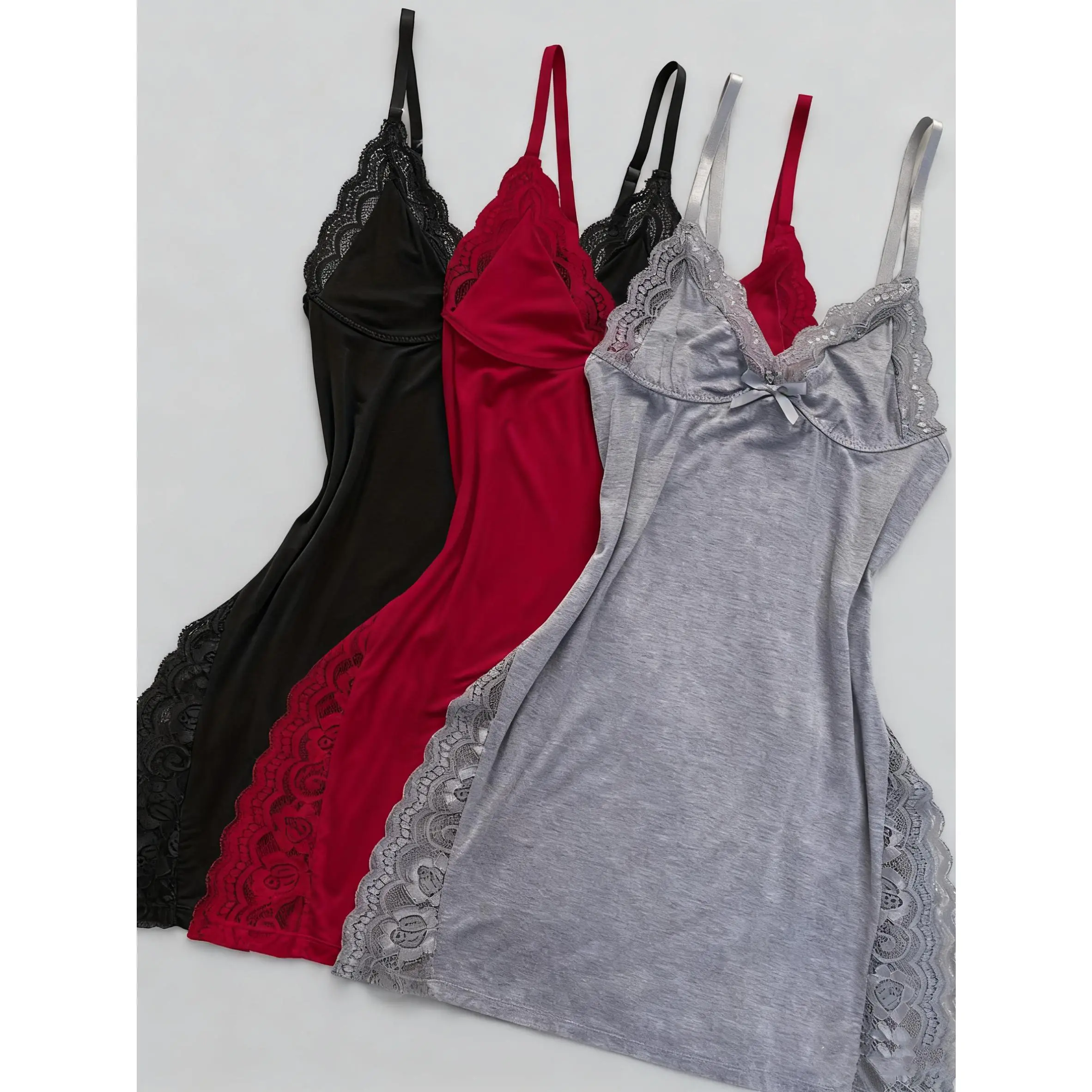 3PCS Solid Lace Trim Nightgown, Sexy V Neck Backless Side Split Mini Slip  Dress, Women's Sleepwear,Knit Fabric, Solid Color, No Padding, Adult  Sleepwear - TikTok Shop