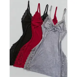 3PCS Solid Lace Trim Nightgown, Sexy V Neck Backless Side Split Mini Slip Dress, Women's Sleepwear,Knit Fabric, Solid Color, No Padding, Adult Sleepwear