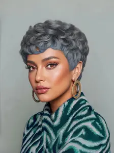 Short Silvery Gray Pixie Cut Wig Curly Wave Human Hair Wigs with Bangs For Women