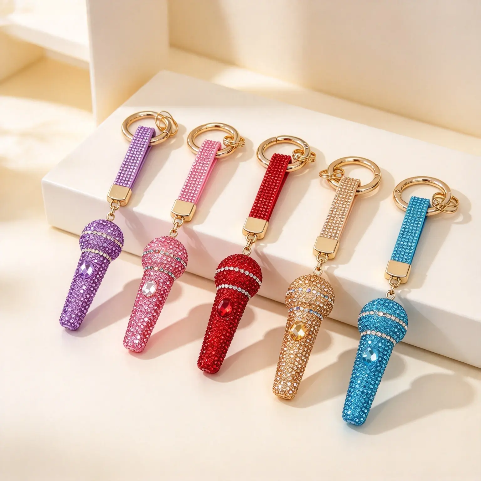 1pc Artificial Rhinestone Microphone Keychain, Sparkly Faux Crystal Bag Charm, Shiny Purse Accessory with Golden Metal Ring, Fashion Pendant for Women Girls, Cute Birthday Gift