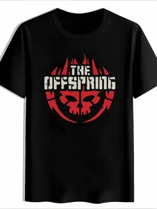 The Offspring Band Skull Flame Print T-Shirt, Punk Rock Style Casual Short Sleeve Top, Loose-Fitting H-Type Tee