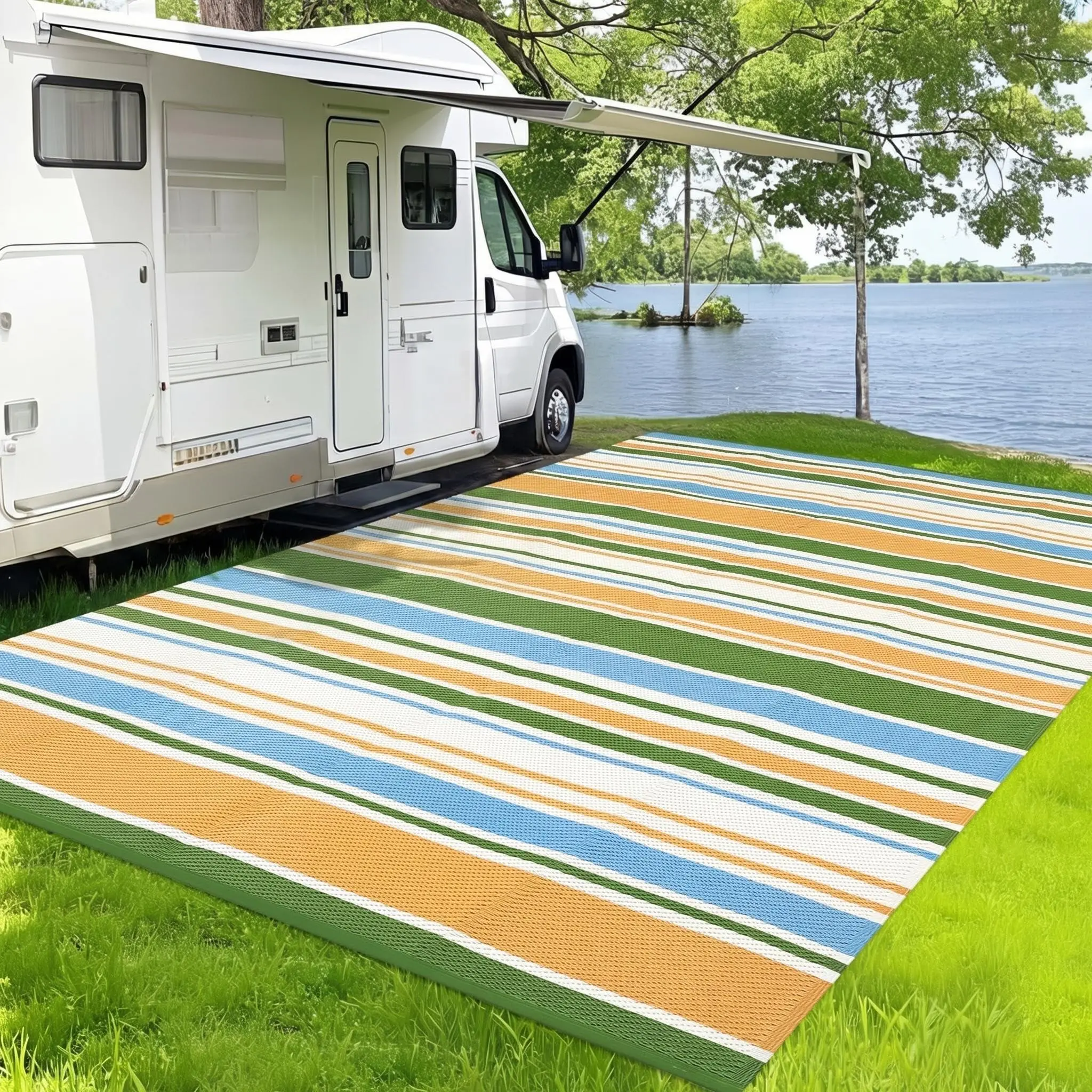 9x18 Foot Outdoor Carpet Geometric Reversible Plastic Straw Outdoor Carpet Colorful Striped Outdoor Carpet UV Resistant Portable Large Carpet, Suitable for Camping Beach Porches RV Deck, Yellow Blue Green White