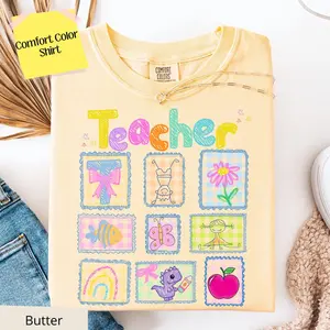 Comfort Colors Teacher Patchwork Graphic Tee Cute Doodle School Icons Shirt Apple Rainbow Womenswear & Underwear - Women's Tops - T-Shirts