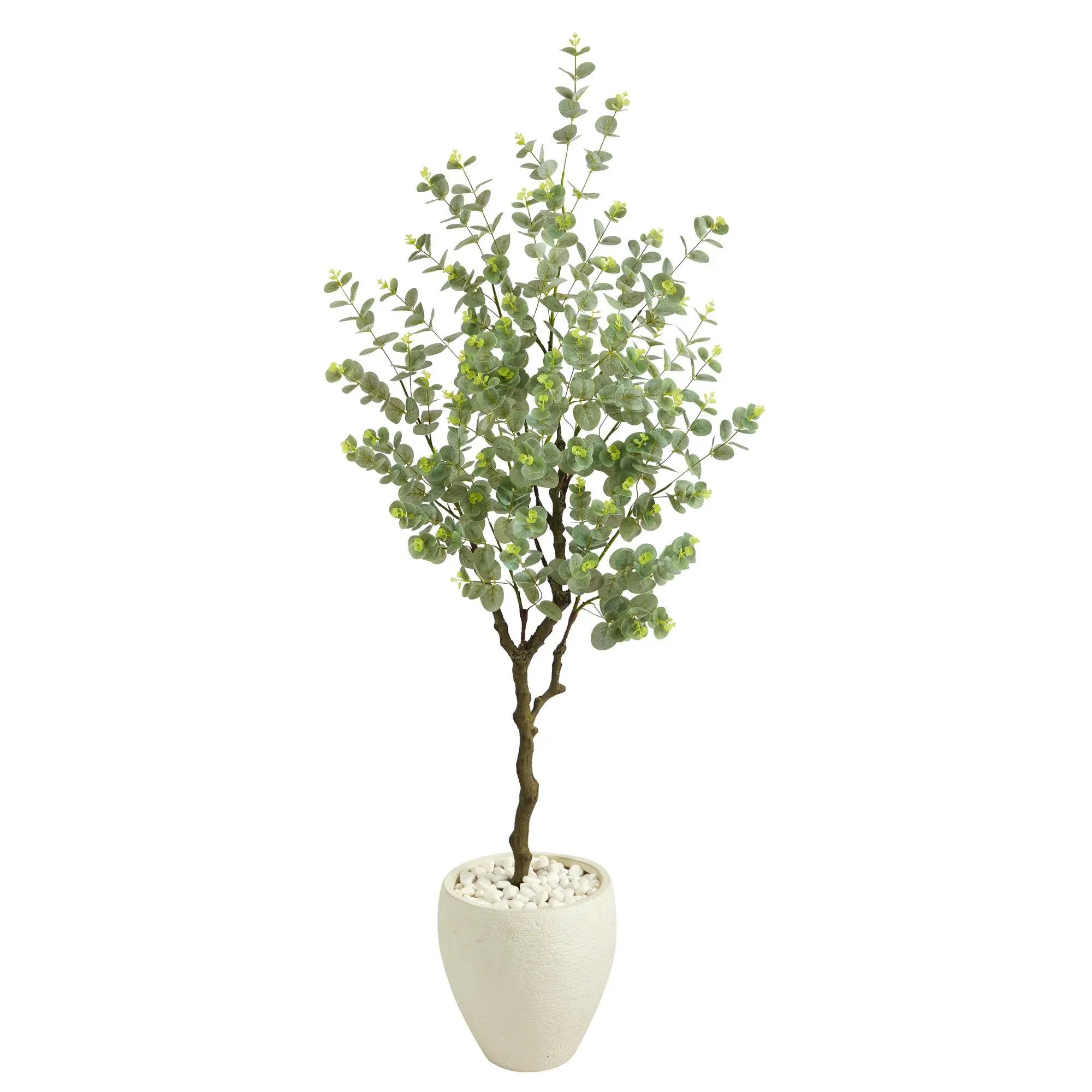 63” Elegant Artificial Eucalyptus Tree with Leaves & Brown Trunk, White Planter, Indoor Bedroom Home Decor Fake Plant Accent Piece, Plants