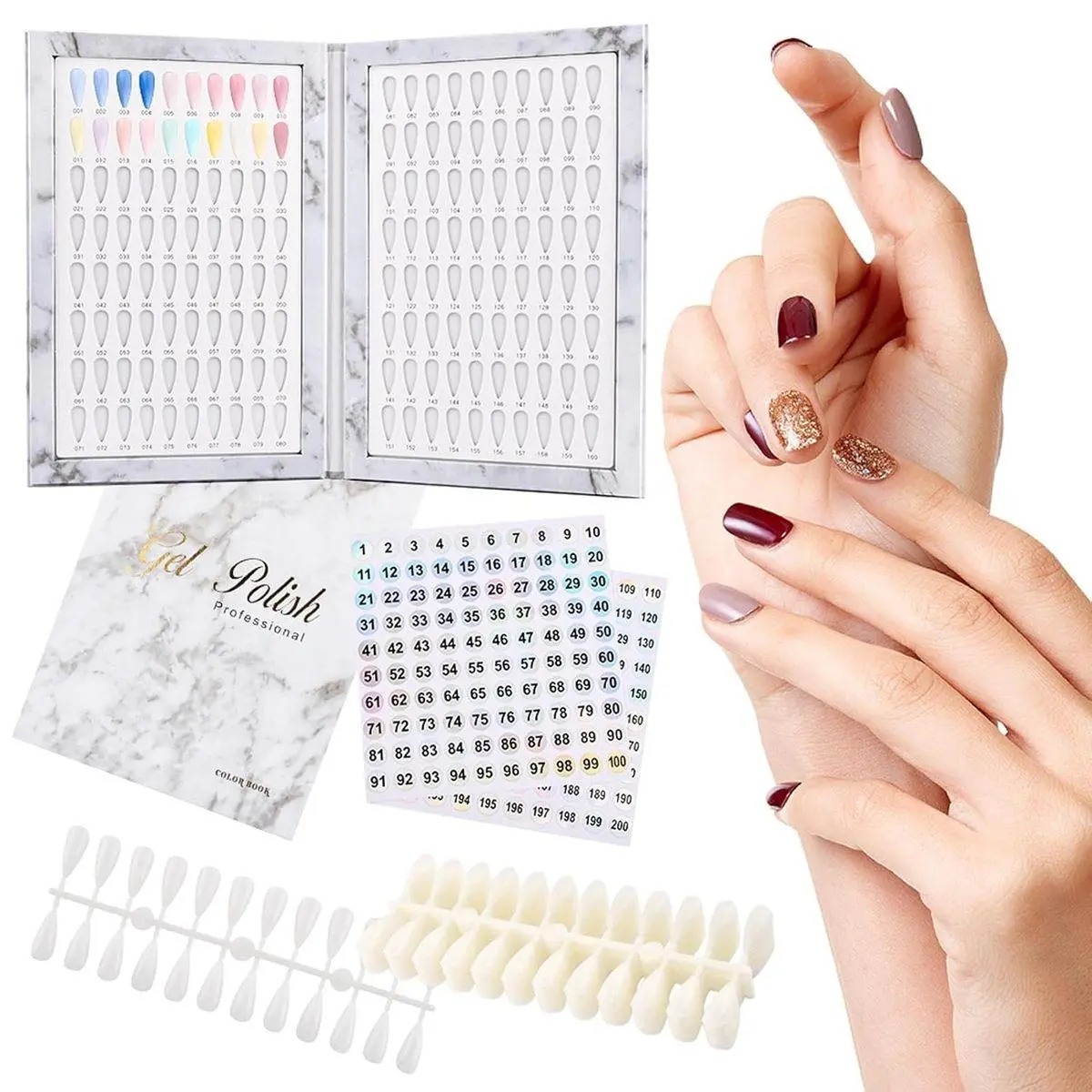 160 Nail Colors Book,Nail Color Display Book with 240 Na-il Tips & 1-200 Number Labels, Professional Nails Color Swatches Book for Na-ils Art Design, No Need Pasting, No Need Glue