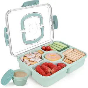 Snackle Box Container with Dip Container, 5-Compartment Divided Serving Tray with Lid and Handle, Dishwasher Safe, BPA-Free Wheat Straw Snack Tray for Party, Travel, Picnic, Beach