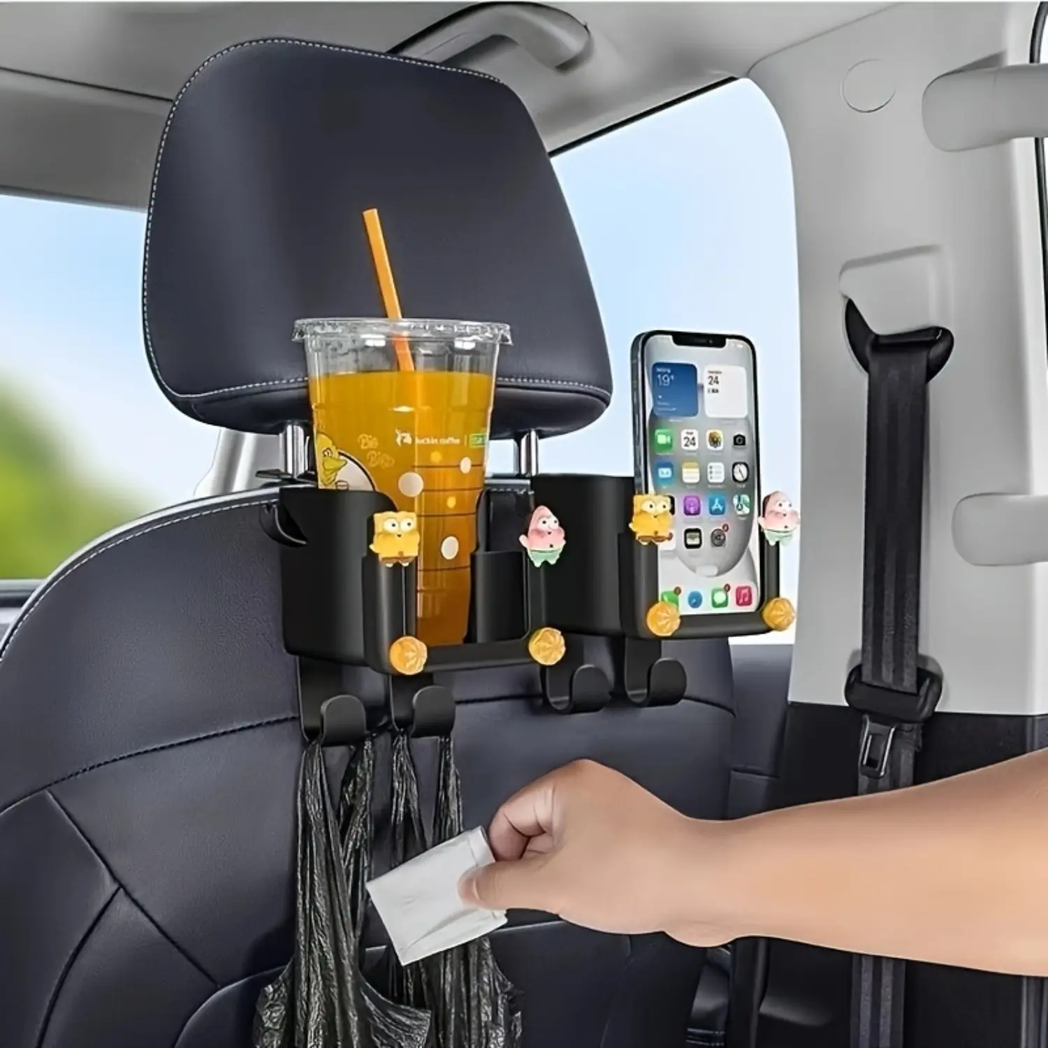 HomeDailyEss 2pcs Multi-functional car seat back storage rack, with cup holder, phone holder and hooks. Suitable for most vehicle models. Can hold water bottles, tea bags, garbage bags and glasses. Car storage. Rear seat cup. Car Seat Back Organizer