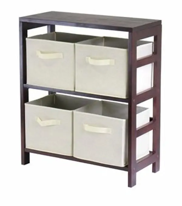 Winsome Wood 212 MAIN Capri Walnut and Beige 2-Section M Foldable Wooden Storage Cabinet - Wooden Frame, 4 Fabric Baskets, Space Saving Cabinet, Apartment Furniture, Requires Assembly