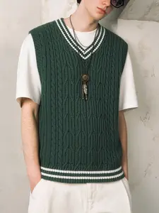 Men's collegiate color-blocked striped knitted vest, V-neck loose sweater vest, Casual vintage and age-reducing, not easily deformed after long-term wear, with a slim-fit design to hide the belly and excess fat, suitable for work, campus, and daily wear