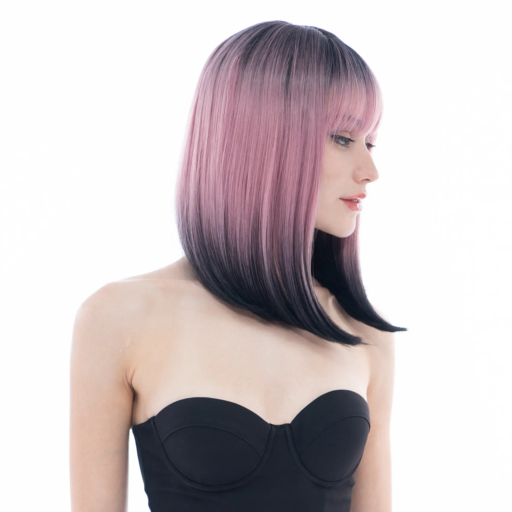 13-Inch Pink Reverse Ombre (Black Roots) Straight Long Bob Synthetic Wig | 【Heat Resistant】【Cap Included】 | 43FSGB