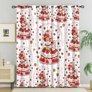 Strawberry Shortcake x My Melody Strawberry Cake Print Blackout Grommet Curtains, 2 Panels Thermal Insulated Sun Protection Window Drapes for Bedroom, Balcony, Living Room, Cute Kawaii Cartoon Kids Room Decor