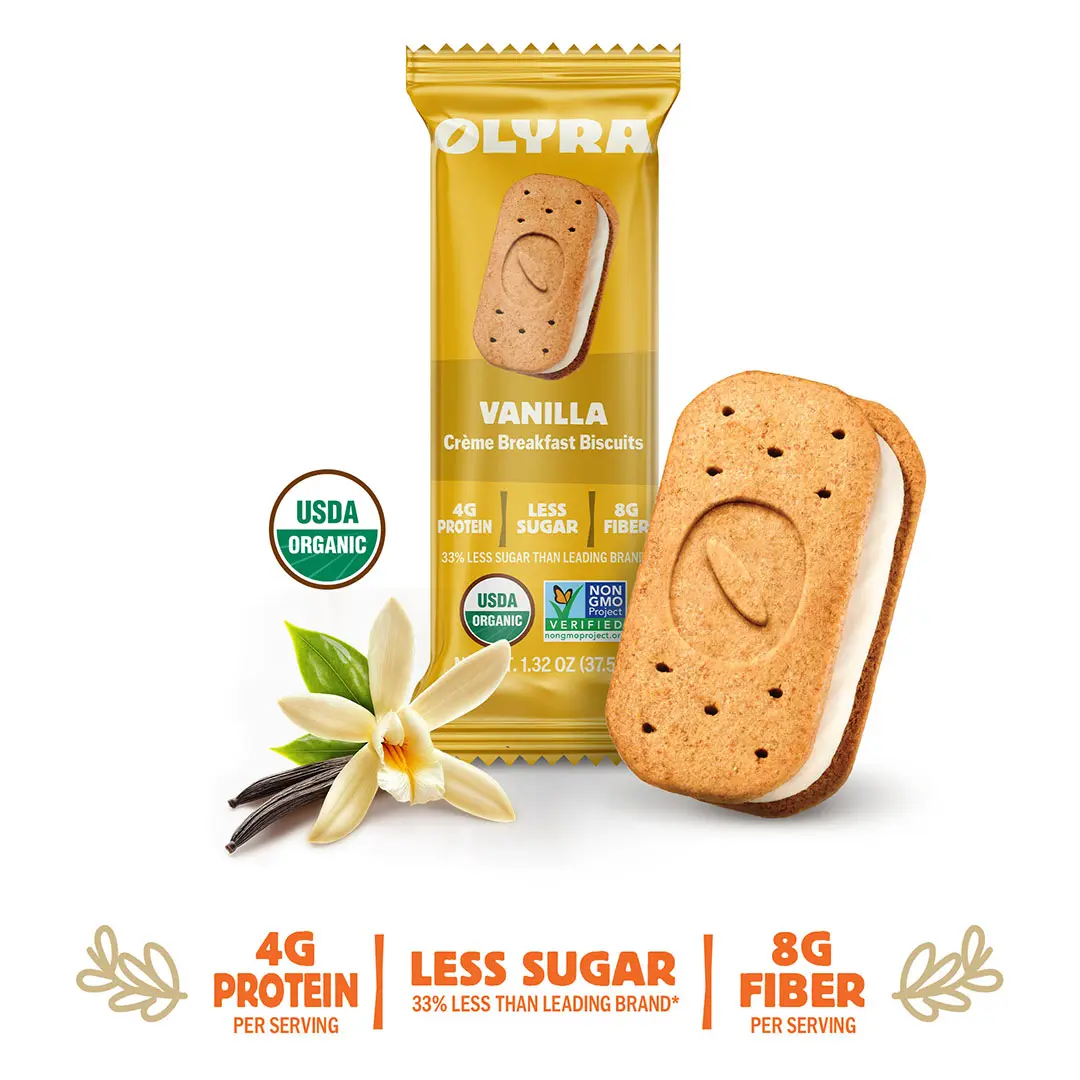 Olyra Organic Vanilla Creme Sandwich Breakfast Biscuits - 4 Box Case 16 Bars, 4g Protein, 8g Fiber, Less Sugar, Non-GMO, Ancient Greek Grains - Vanilla