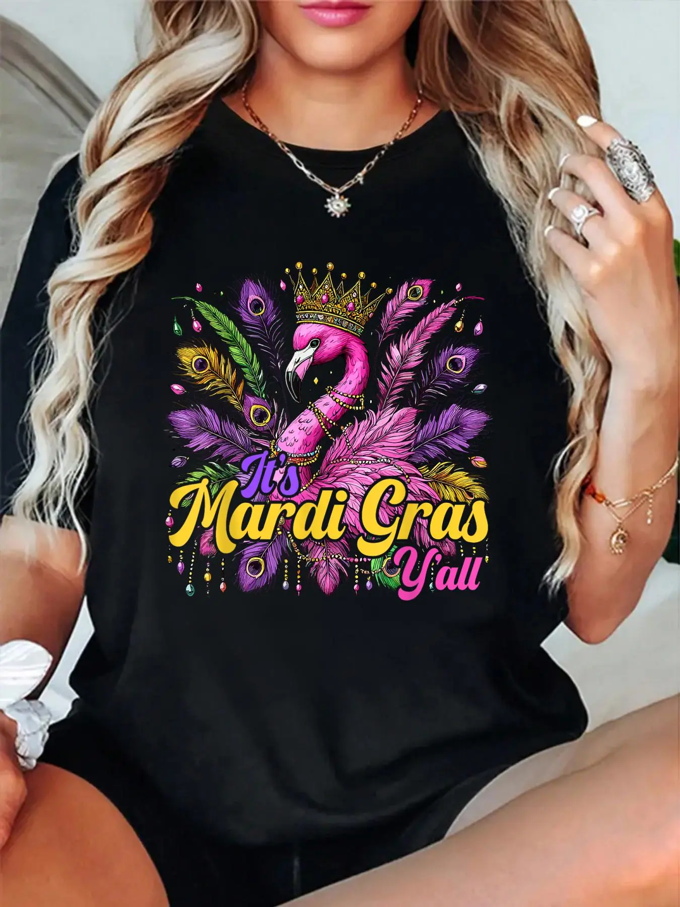 Women's 100% Cotton Mardi Gras Y'all Flamingo Graphic Shortleeve T-Shirt - Casual Everyday Streetwear Top, Shortsleeve, Vintage, Tshirt, Lady, Round Neck, Distressed Look, Clothes, Casual Wear, Crew Neck, Cute