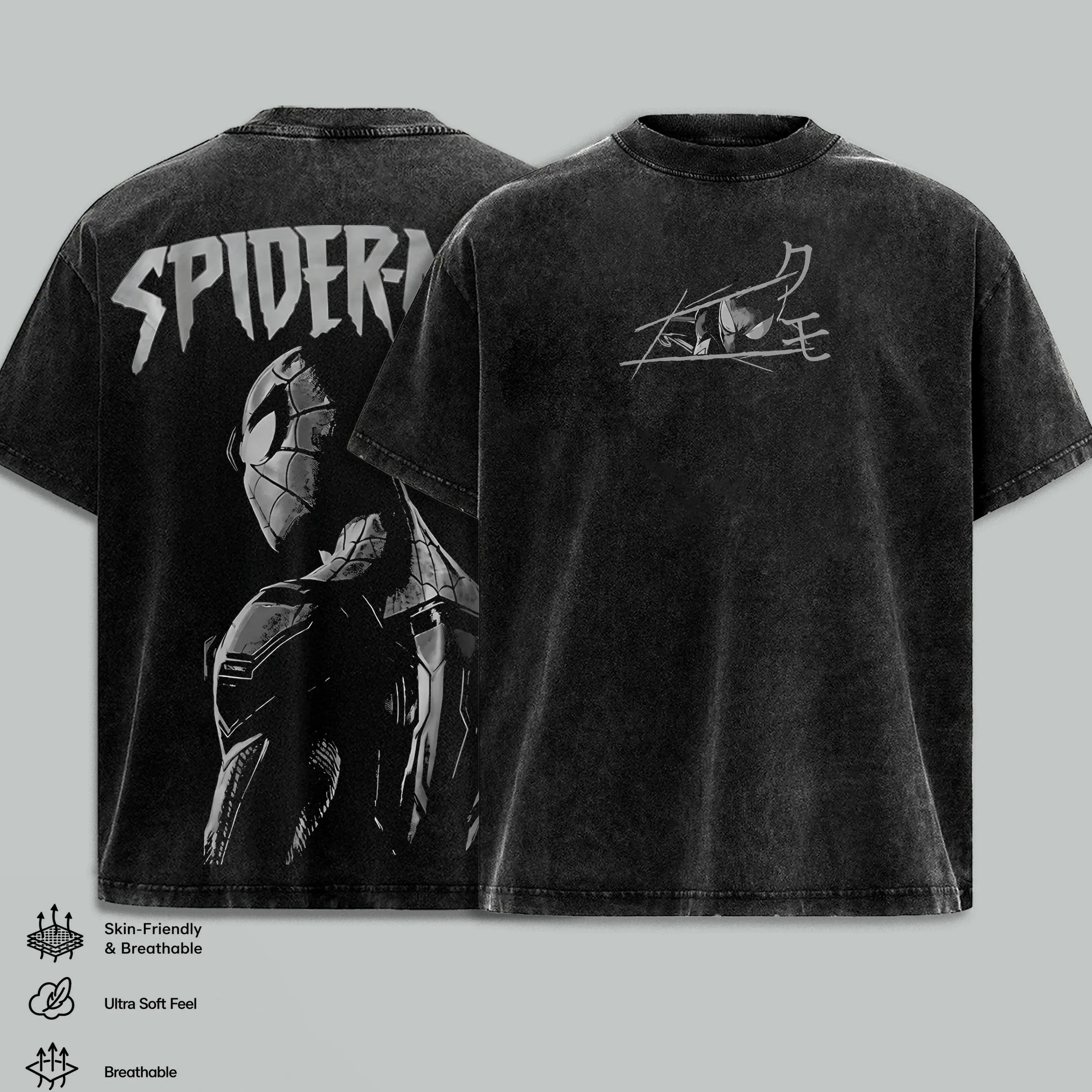 Vintage Washed Web Hero Graphic Tee - Double Sided Y2K Grunge Heavyweight T-Shirt - Oversized Retro Streetwear 2026