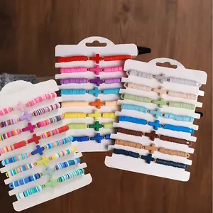24pcs Bohemian Stylish Cross with Colorful Soft Clay Beaded Bracelet for Women, Stretch Macaron Color Hand Jewelry Set - Cross Charm, Perfect for Casual Attire & Multi-Item Party Favor Packs