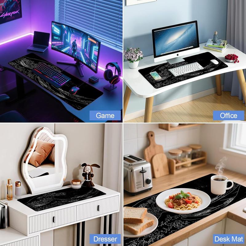 Japanese Sea Wave Gaming Mouse Pad, Anime Gaming Mousepad, Extended Kanagawa Mat Desk Mat, Large Desk pad 31.5x11.8 Inch 2mm Thick Long Non-Slip Rubber Base Mouse Pads (Black)