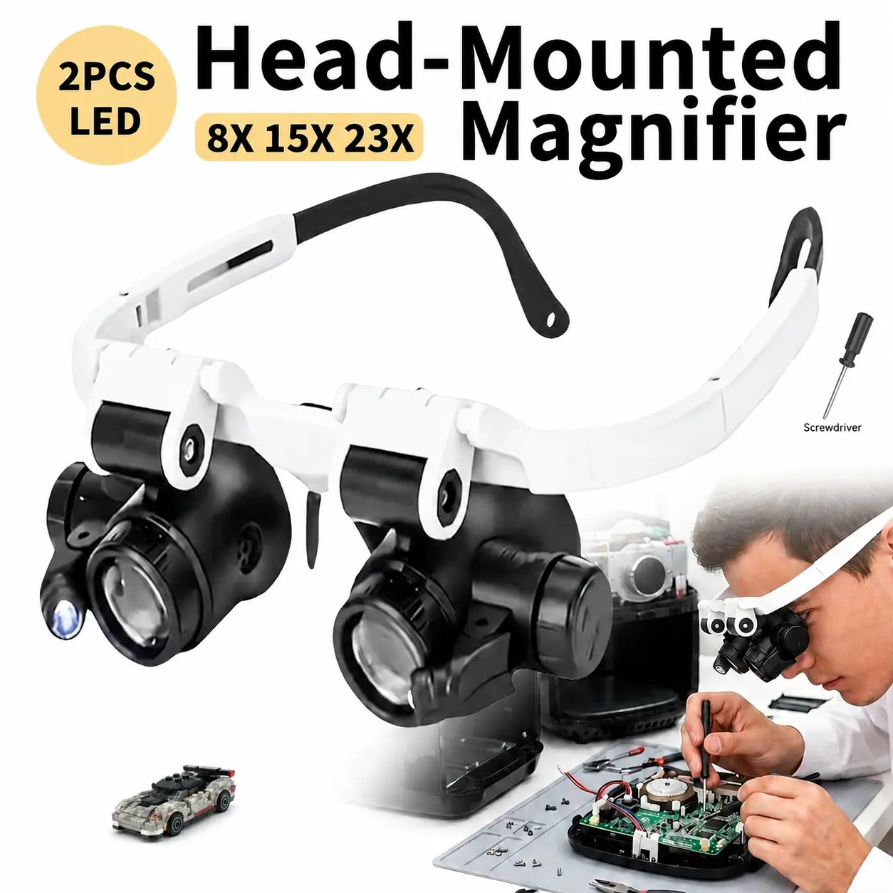 Hands-Free Head-Mounted Magnifier with 2 LED Lights, 8x/15x/23x Magnification, Telescopic Headband - Home Improvement Accessories for Jewelry Appraisal, Model Assembly (Compatible with Precision Screwdrivers)