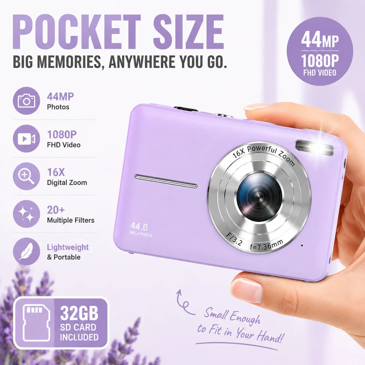 CAMKORY Portable Pocket Vlogging Digital Camera - 32GB Micro SD Card, Wrist Strap, Self-Timer, Anti-Shake, 16X Zoom, 1080P FHD, 44MP Point & Shoot for Daily Photography, Cool Mini Gadgets for Purse Digital Cameras, Teenage Boy Girl Gifts