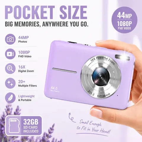 CAMKORY Portable Pocket Vlogging Digital Camera - 32GB Micro SD Card, Wrist Strap, Self-Timer, Anti-Shake, 16X Zoom, 1080P FHD, 44MP Point & Shoot for Daily Photography, Cool Mini Gadgets for Purse Digital Cameras, Teenage Boy Girl Gifts tiktokshopbacktos