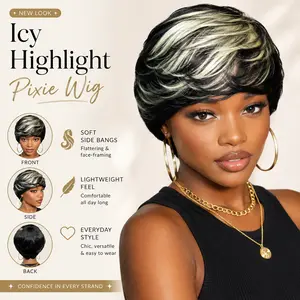 100% Human Hair Short Pixie Wig for Black Women, Natural Black Icy Blonde Highlight Layered Wig with Side-Swept Bangs, Glueless Soft Natural Looking Everyday Wig