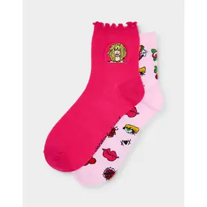 Betsey Johnson 2-PACK EMBROIDERED CREW SOCK PINK MULTI