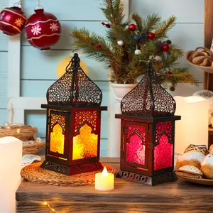 Elegant Christmas Candle Holder, European Castle Design, Colorful Glass & Iron Frame, Perfect for Holiday Decorations & Home Parties